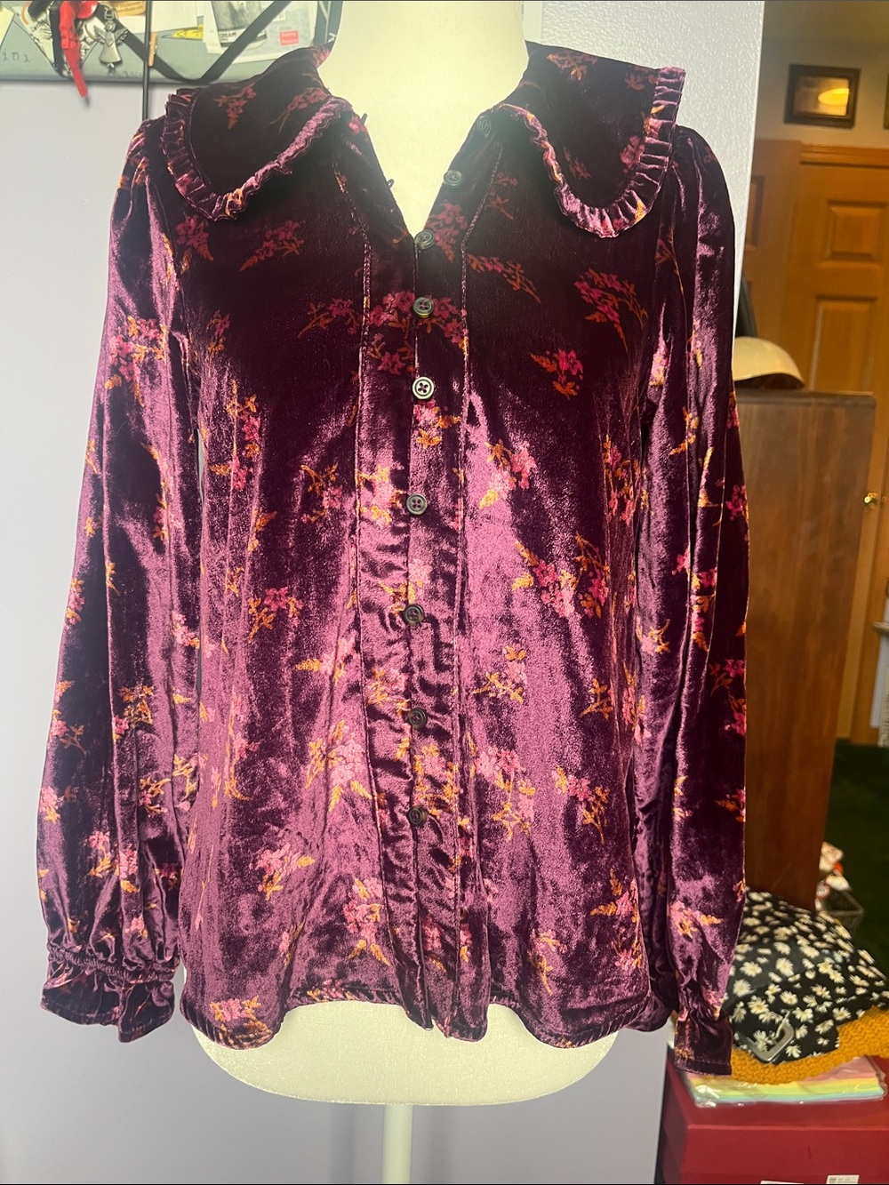 NWT Pilcro plum velour Peter Pan button up
